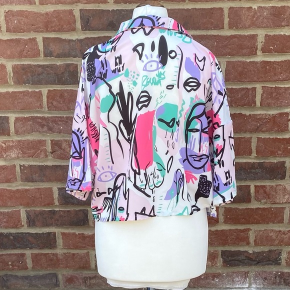 SHEIN Size L Large Cropped Short Sleeve Abstract Print Blouse Button Up Retro - Picture 3 of 9